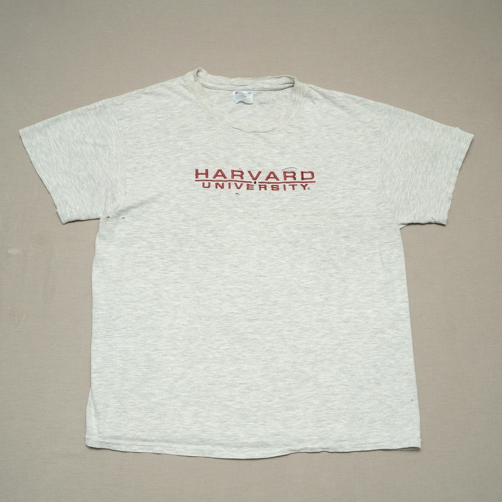 Vintage 90s Champion Gray Distressed T Shirt Harvard University Embroidered L